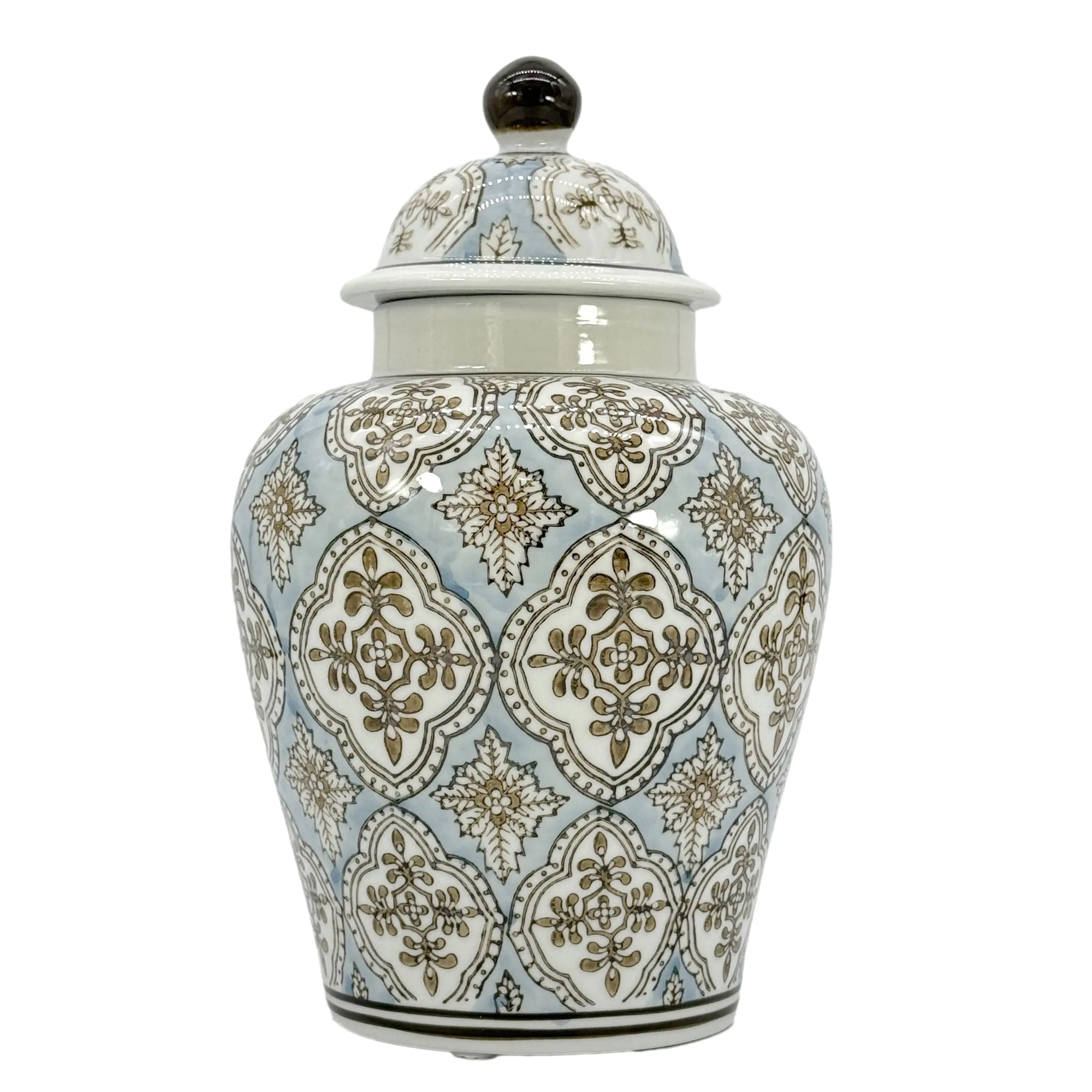 Galt International Light Blue & Brown Hand Painted Mosaic Ceramic Ginger Jar 12" with Lid Porcelain Chinoiserie Temple Jar Vase Kitchen Home Decor for Interior Design