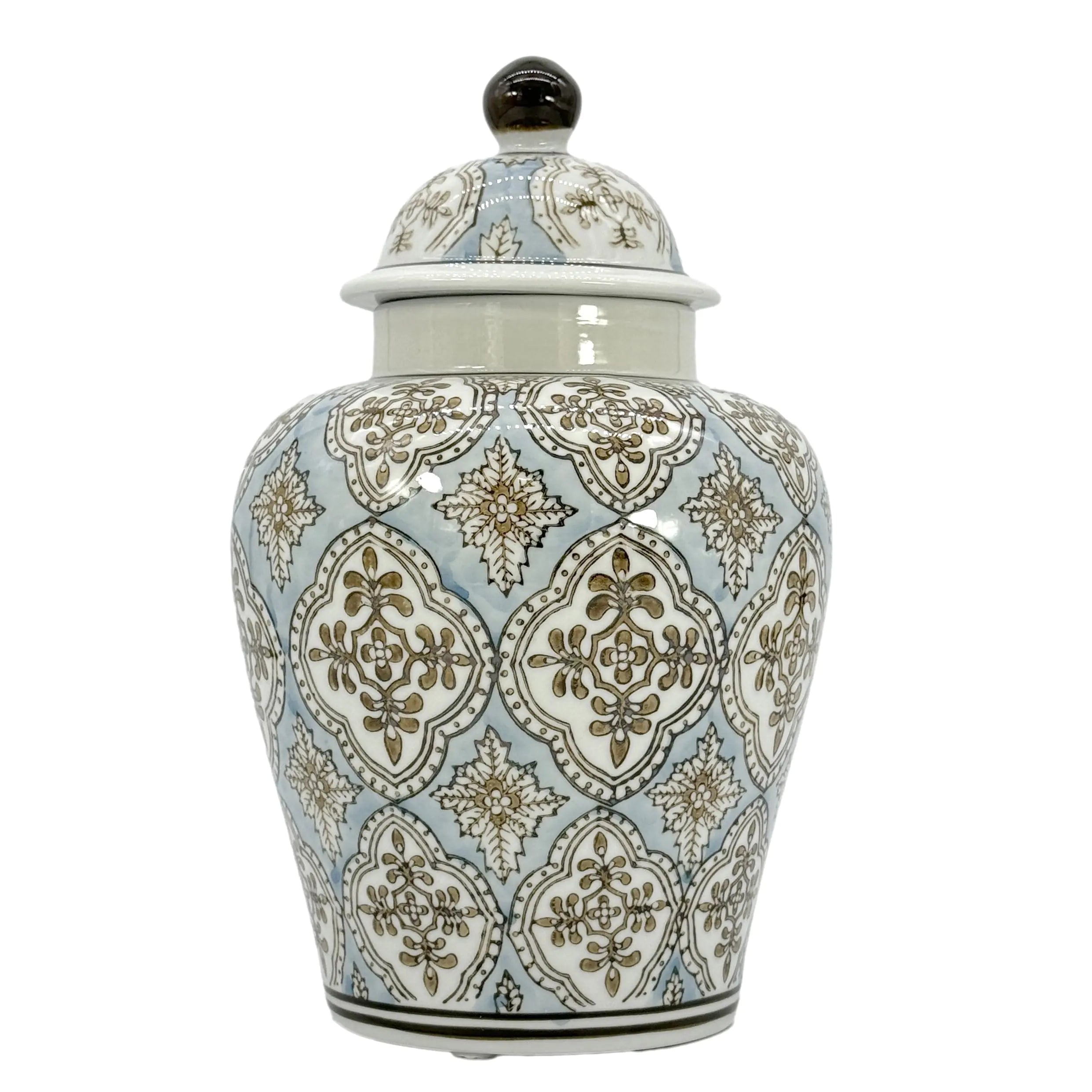 Galt International Light Blue & Brown Hand Painted Mosaic Ceramic Ginger Jar 12" with Lid Porcelain Chinoiserie Temple Jar Vase Kitchen Home Decor for Interior Design
