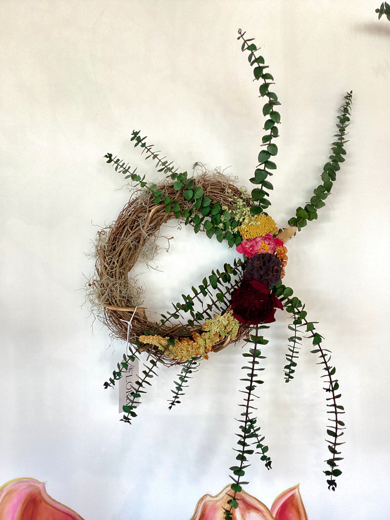 12” Grapevine Wreath - Dried Florals, Eucalyptus, Spanish Moss, and Lotus Pods