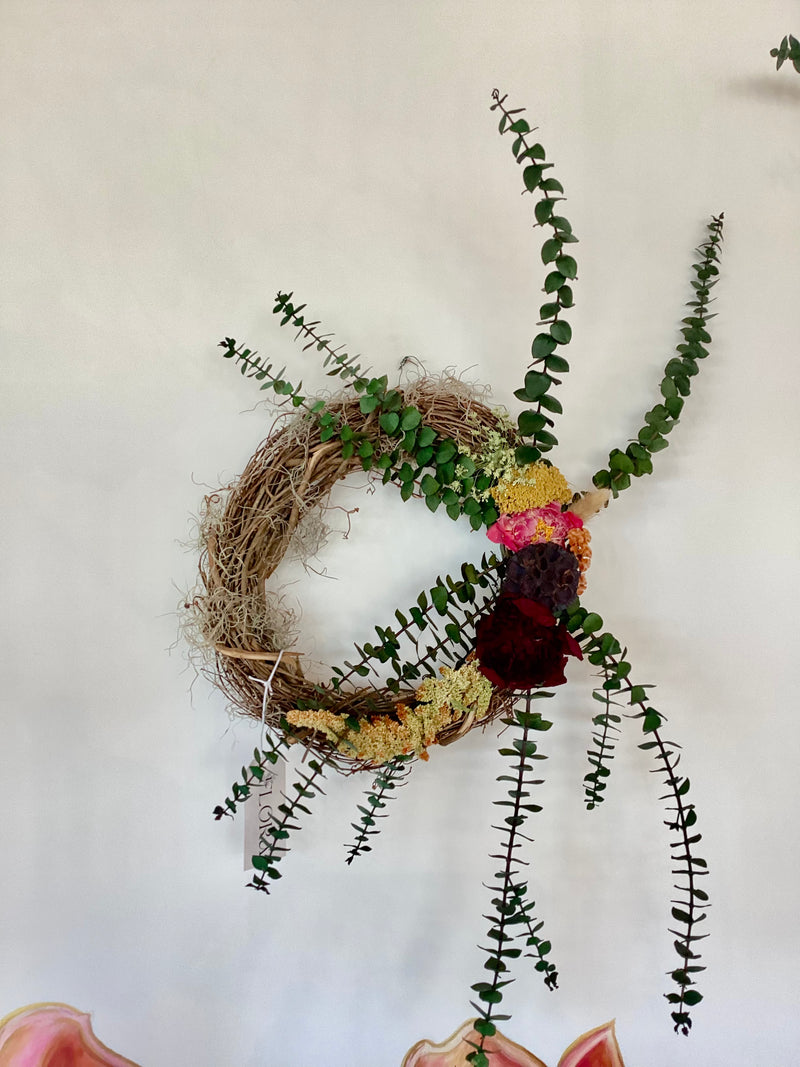 12” Grapevine Wreath - Dried Florals, Eucalyptus, Spanish Moss, and Lotus Pods