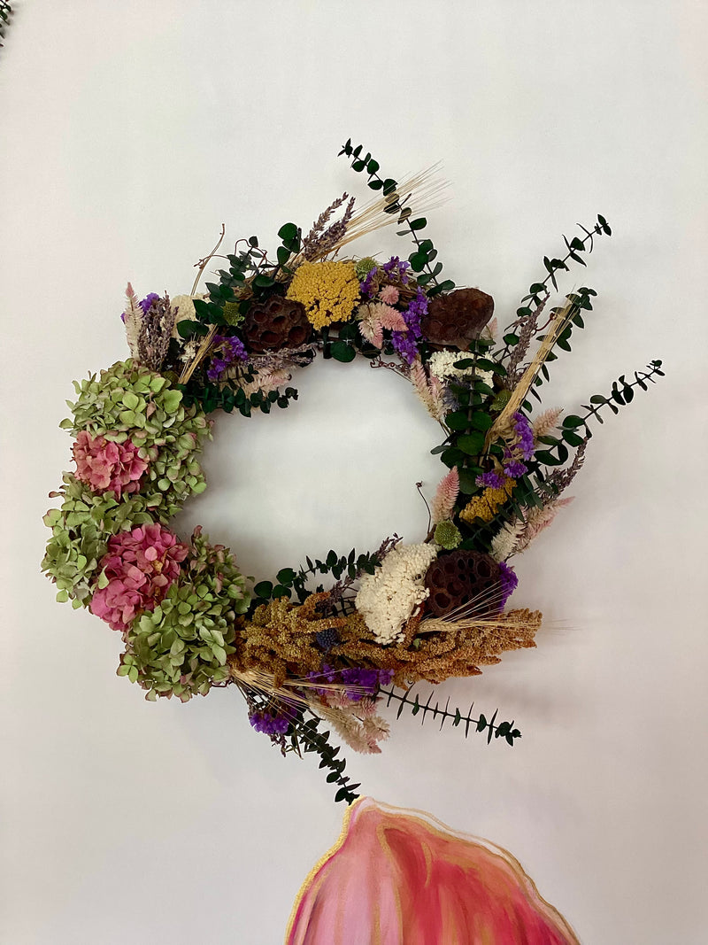 16” Grapevine Wreath - Dried florals, Eucalyptus, and Lotus Pods