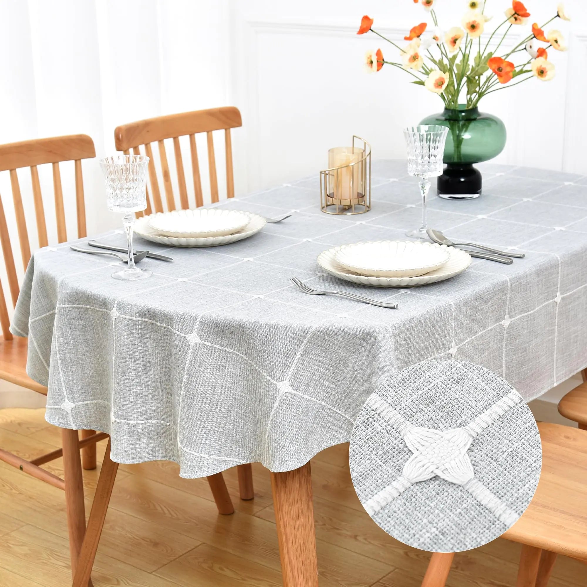 NEWISHER Farmhouse Embroidered Plaid Tablecloth Lattice Fabric Table Cloth Oval Rustic Grey Checkered Table Cover Dining Kitchen Home Decor Party 52 x 70 inch