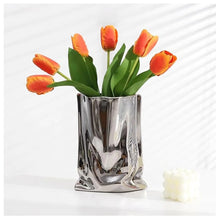 Ceramic Flower Vase Crinkle Paper Shape Silver Metal Decorative Home Accent (Large)