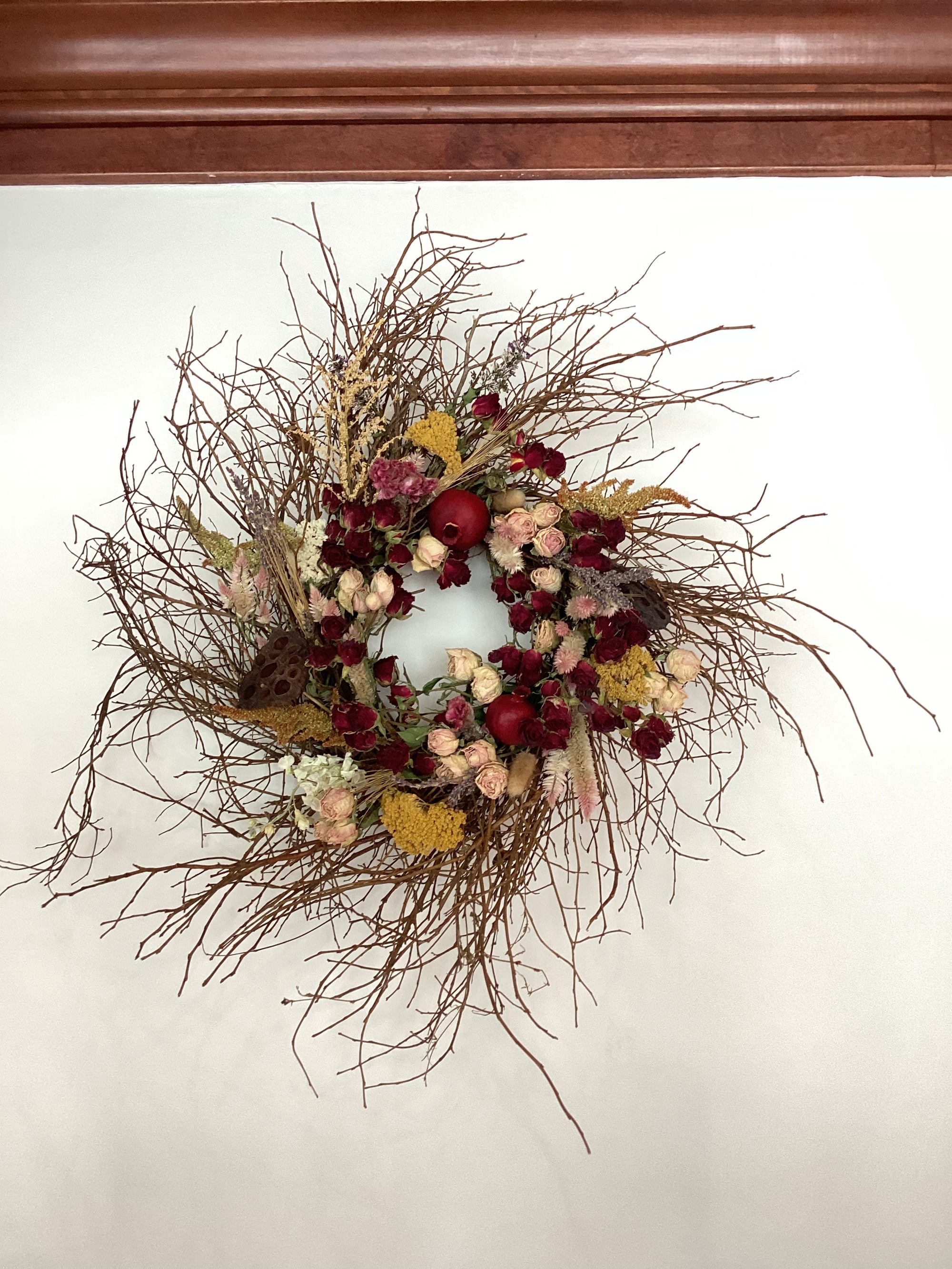 18” Huckleberry Wreath - Dried Florals, Pomegranate and Lotus Pods