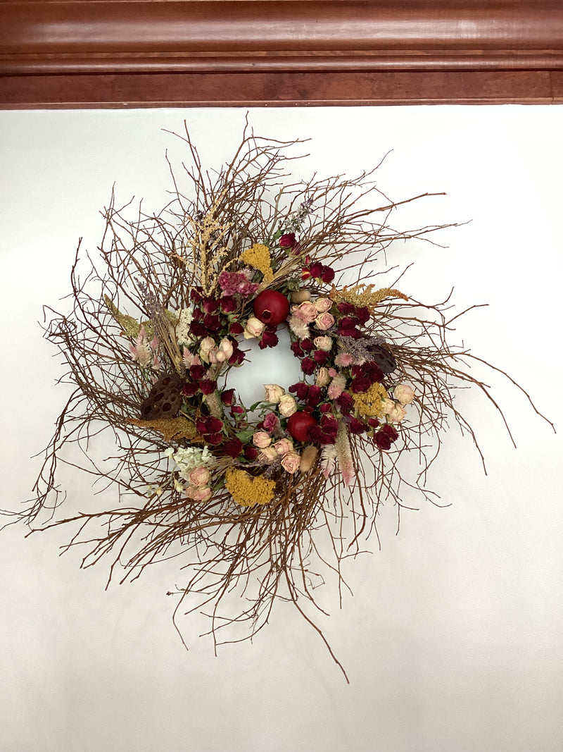 18” Huckleberry Wreath - Dried Florals, Pomegranate and Lotus Pods