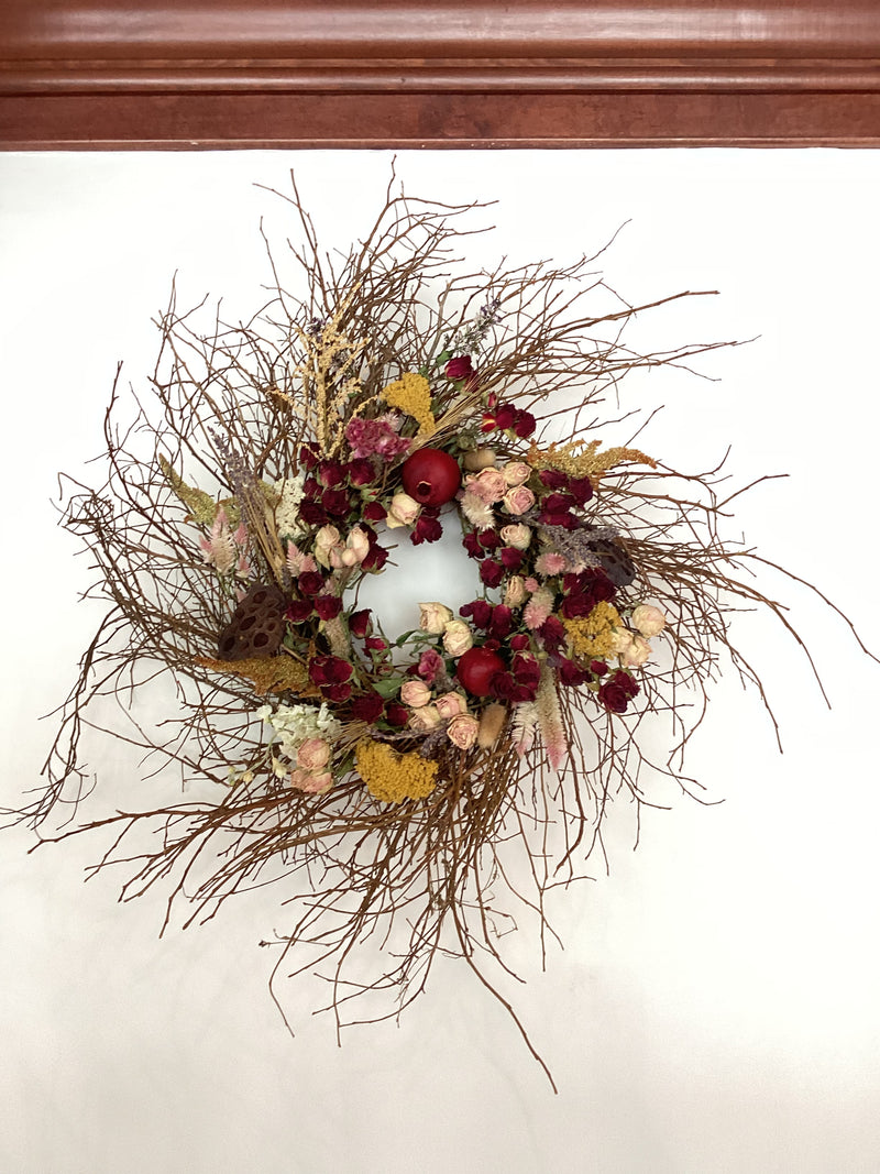 18” Huckleberry Wreath - Dried Florals, Pomegranate and Lotus Pods