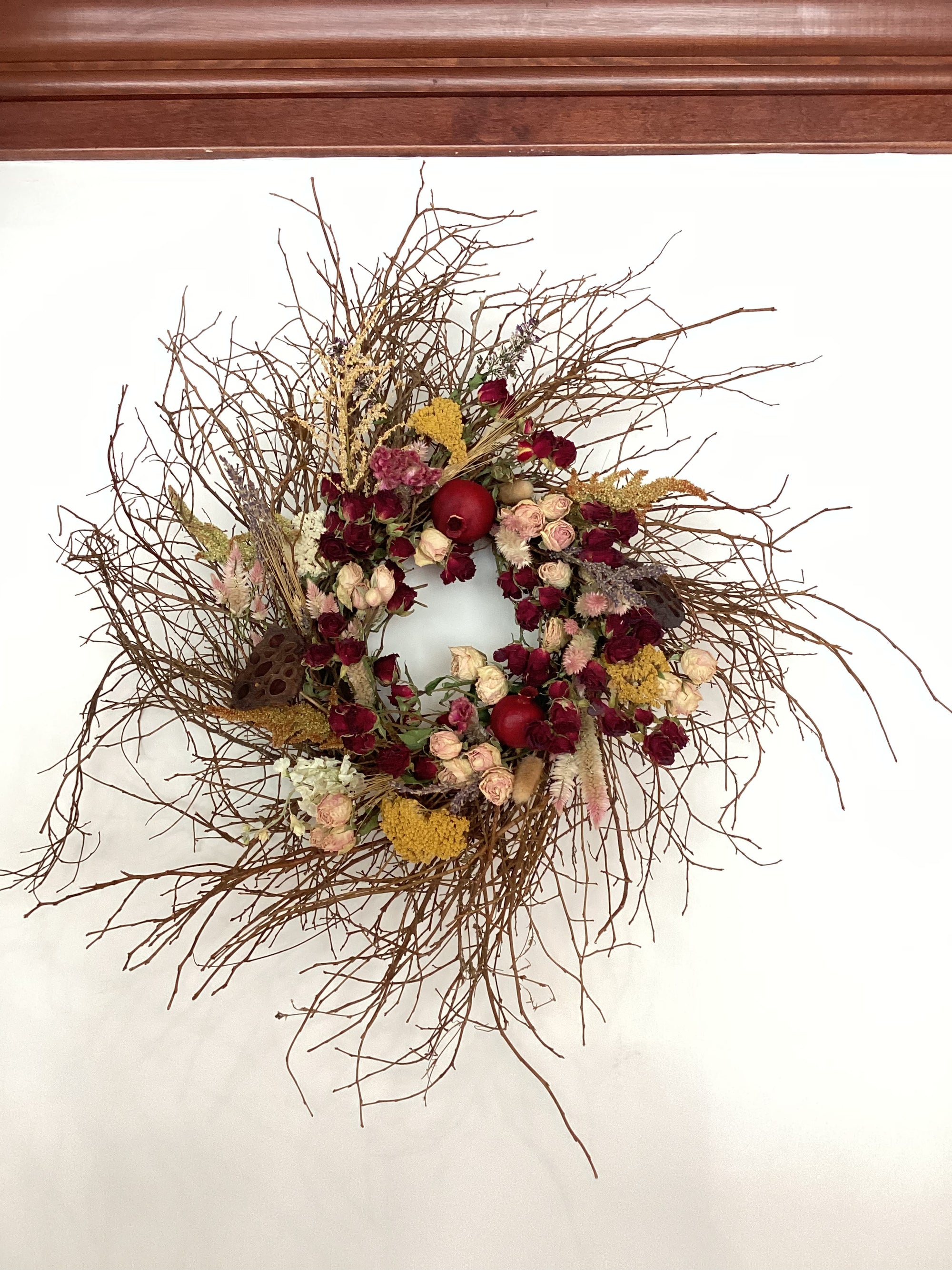 18” Huckleberry Wreath - Dried Florals, Pomegranate and Lotus Pods
