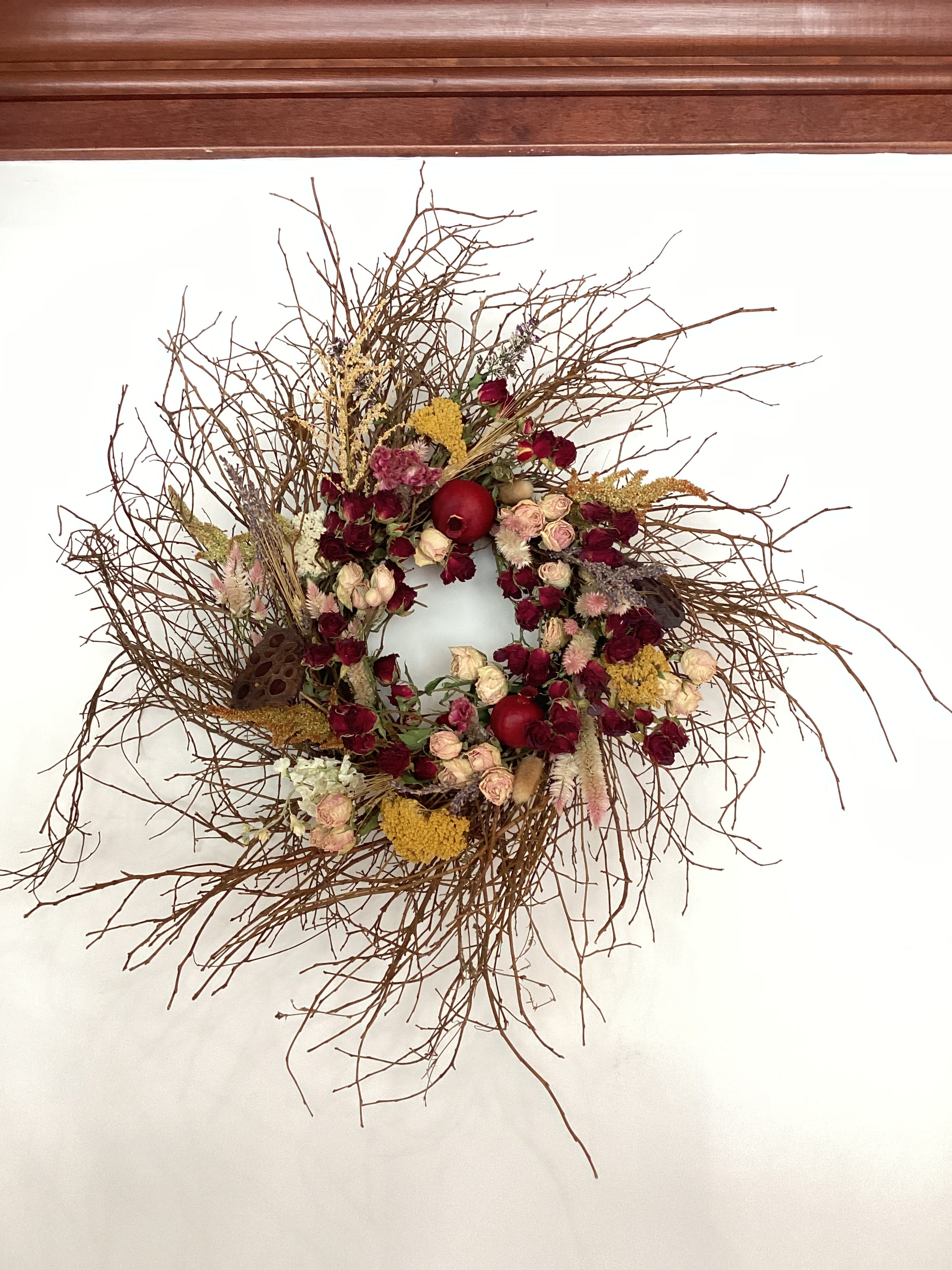 18” Huckleberry Wreath - Dried Florals, Pomegranate and Lotus Pods