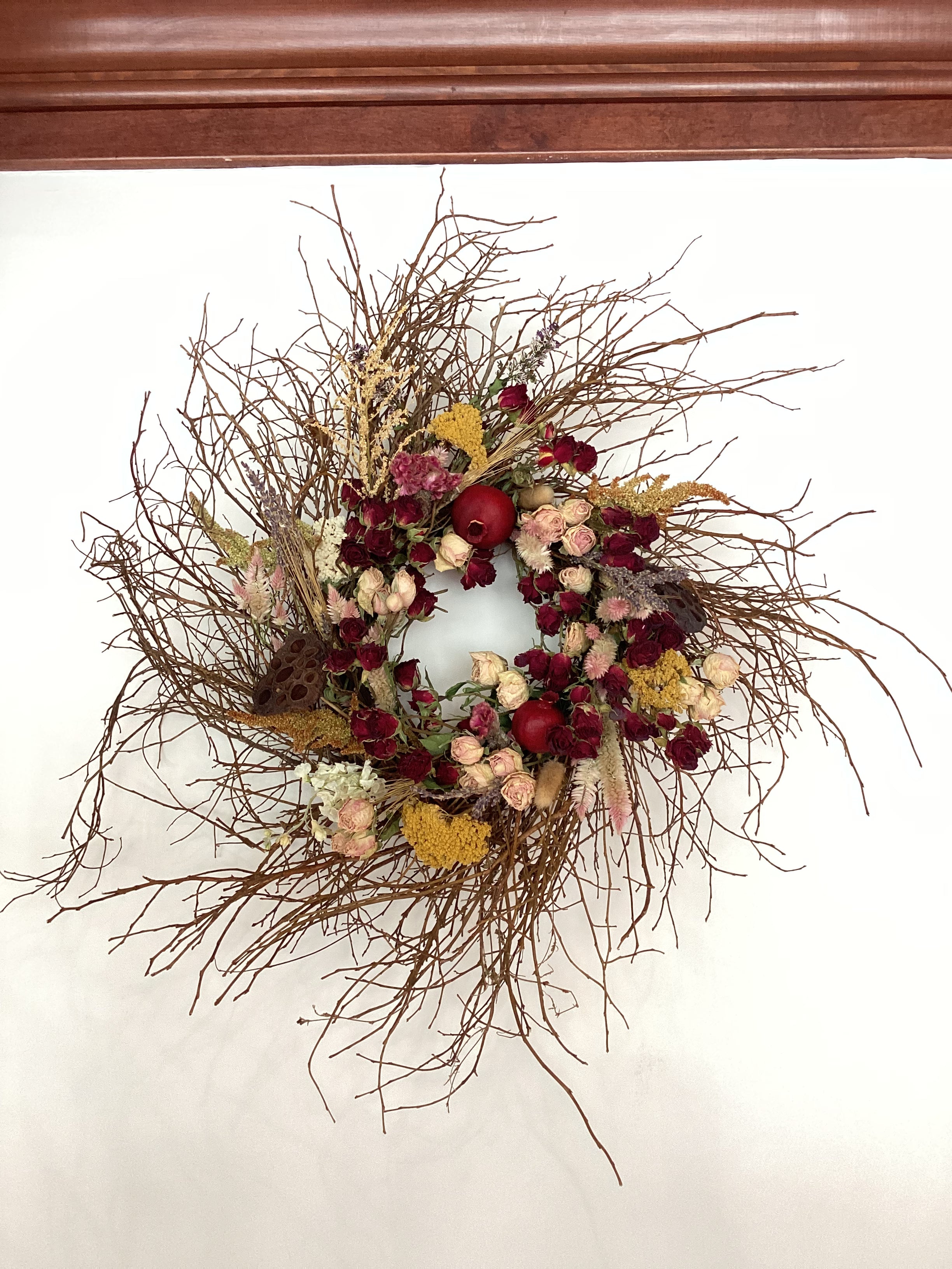 18” Huckleberry Wreath - Dried Florals, Pomegranate and Lotus Pods