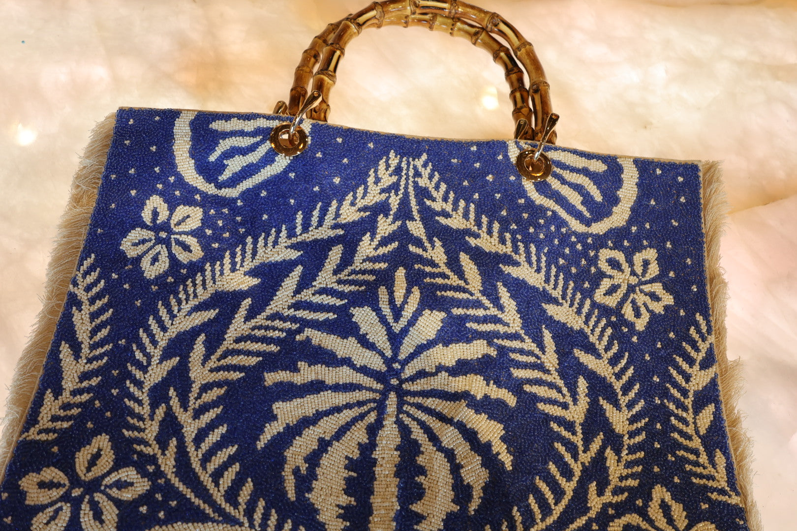 Blue Leave Pattern Bamboo Handle Tote