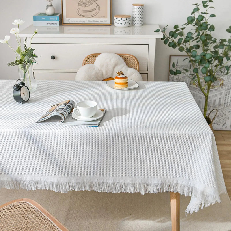 XIJIXI 100% Cotton Table Cloth Woven Fringed Home Cotton Linen Rectangular TableclothOutdoor Party Table Table Cloth for Dining Kitchen RoomWhite Table Cover Tablecloth Washable (White 71"x 91")