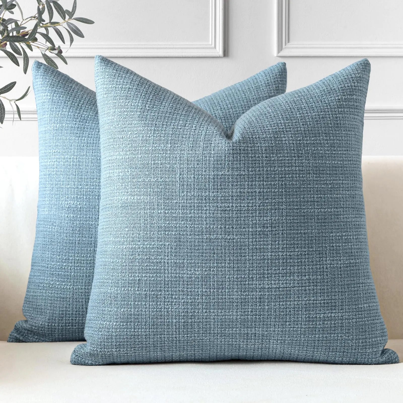 OTOSTAR Pack of 2 Throw Pillow Covers 20x20 Inch Linen Blue Pillowcases Farmhouse Decorative Solid Pillow Covers 50x50 cm Square Cushion Case for Home Decor Sofa Couch Bed (Blue)