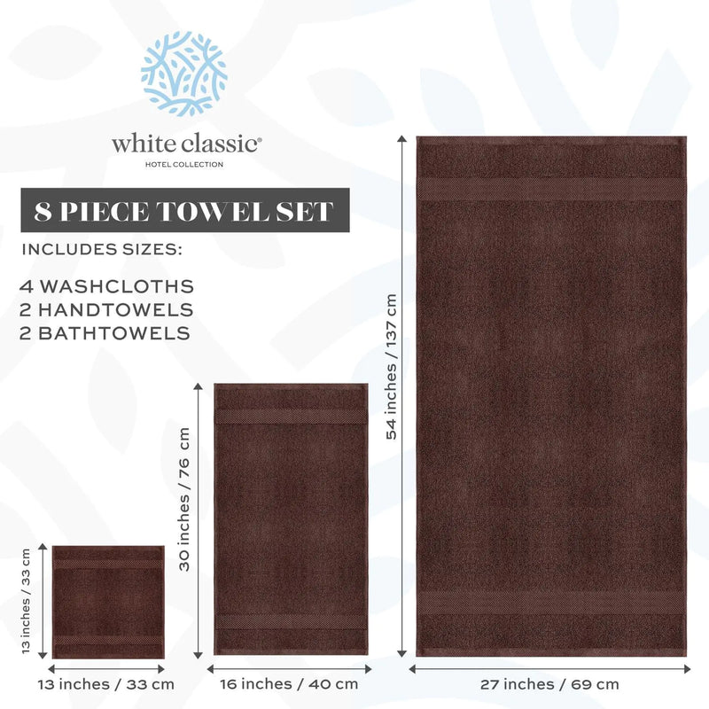 Luxury Brown Bath Towel 8 Piece Set Combed Cotton Hotel Quality Brown Towels Set.