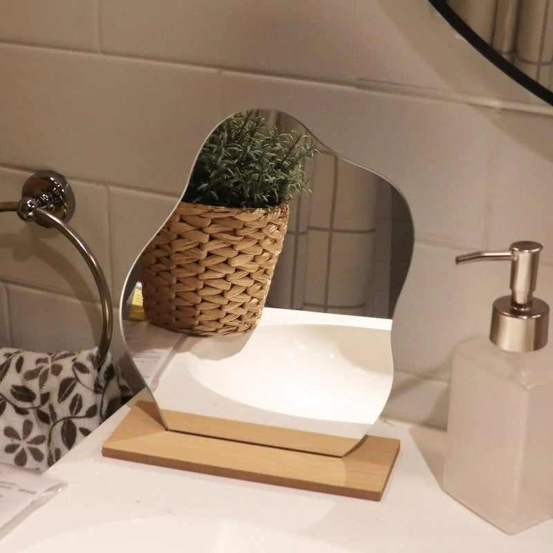 DaizySight Irregular Aesthetic Vanity Mirror Frameless Decorative Desk Tabletop Acrylic Mirrors with Wooden Stand for Living Room Bedroom and Minimal Spaces Home Decor - Cloud Shape