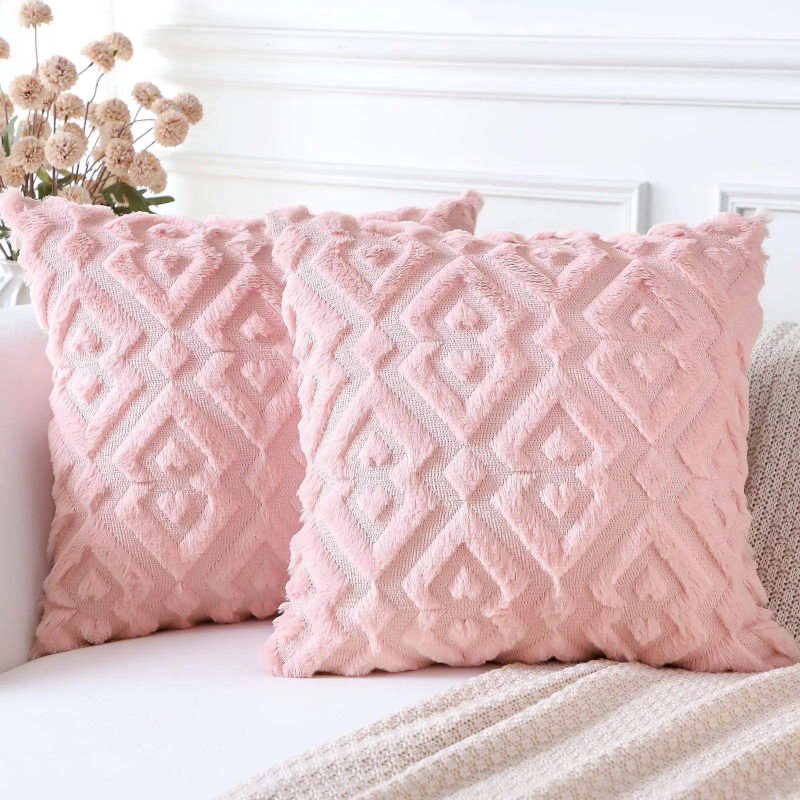 Artscope Pink Throw Pillow Covers 28x28 Set of 2 Soft Plush Faux Wool Couch Pillow Covers Decorative Throw Pillows for Couch Bed and Home Decor