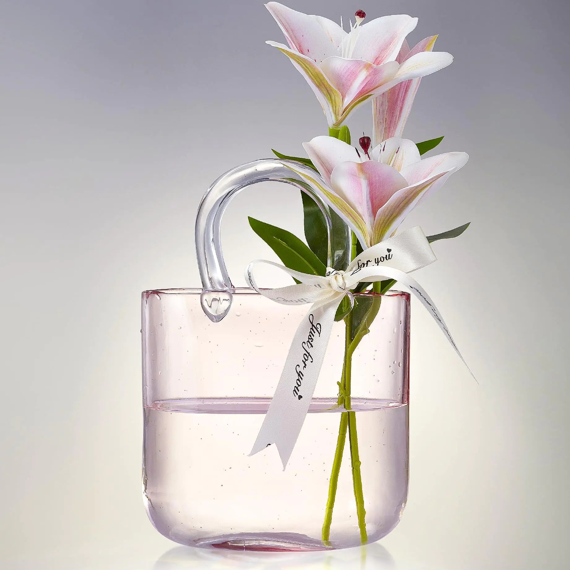 Glass Bag vase Purse vase with Fish Bowl Handbag Shape Flower vase - for Home Décor enterpiece Events Office Garden Wedding(Light Pink)