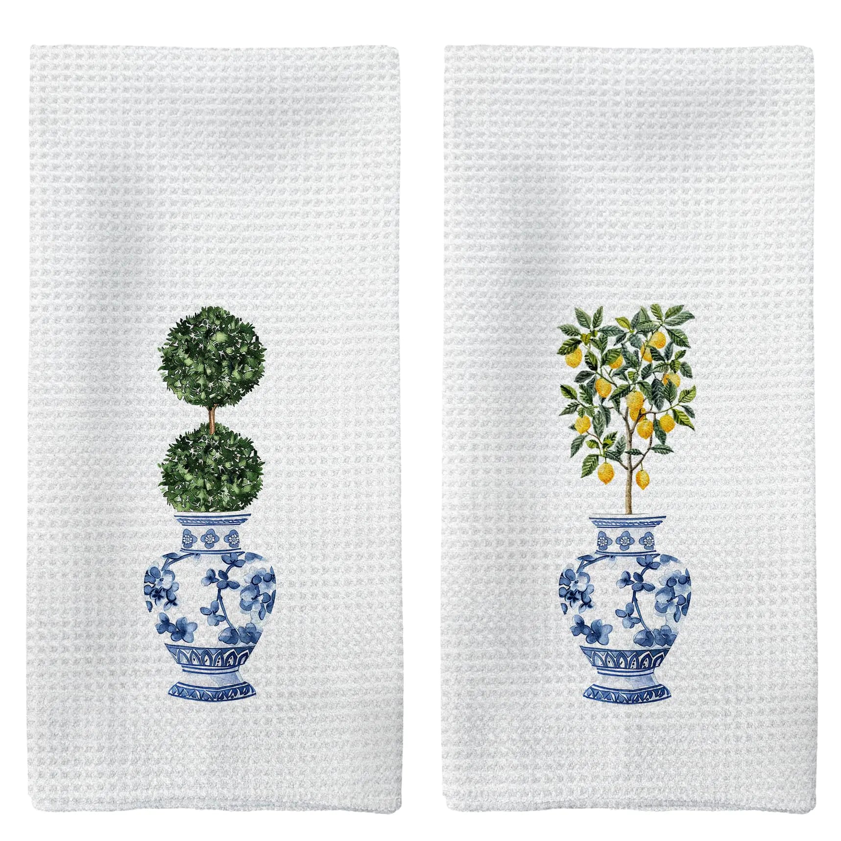 Tzhim Chinoiserie Kitchen Towels Blue and White Porcelain Hand Towels Preppy Chinoiserie Dish Towels Preppy Topiary Trees Vintage Plant Chinoiserie Kitchen Bathroom Decor Set of 2 16x24in