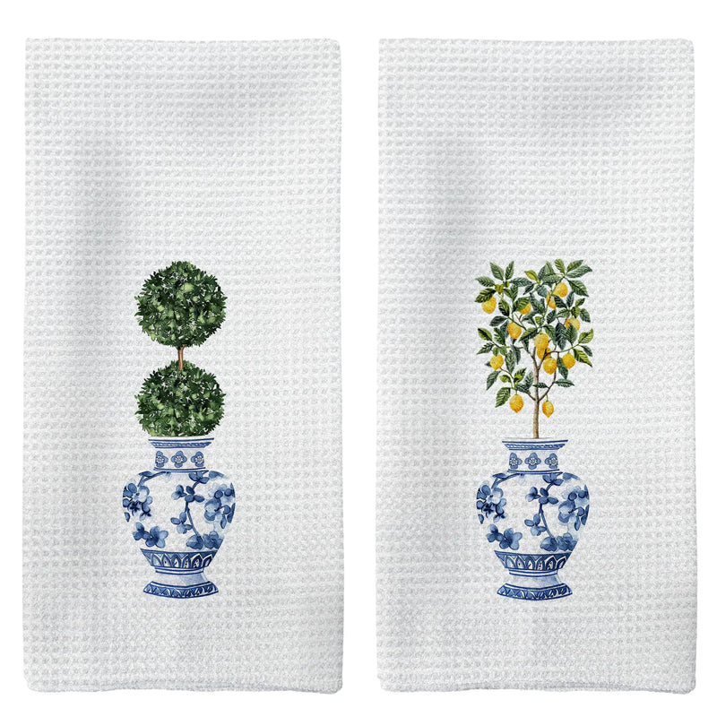 Tzhim Chinoiserie Kitchen Towels Blue and White Porcelain Hand Towels Preppy Chinoiserie Dish Towels Preppy Topiary Trees Vintage Plant Chinoiserie Kitchen Bathroom Decor Set of 2 16x24in
