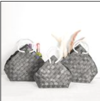 BLACK WOVEN WOOD BASKETS W/ BEADED HANDLES LG