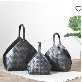 BLACK WOVEN WOOD BASKETS W/ BEADED HANDLES MED