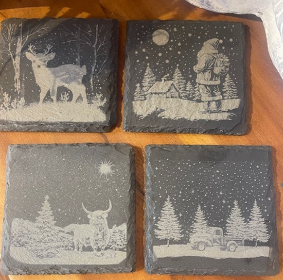 Slate Engraved Holiday Coasters - Set of 4