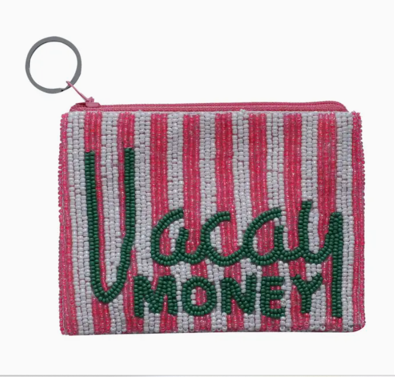 Vacay Money Green Pink White Beaded Coin Purse