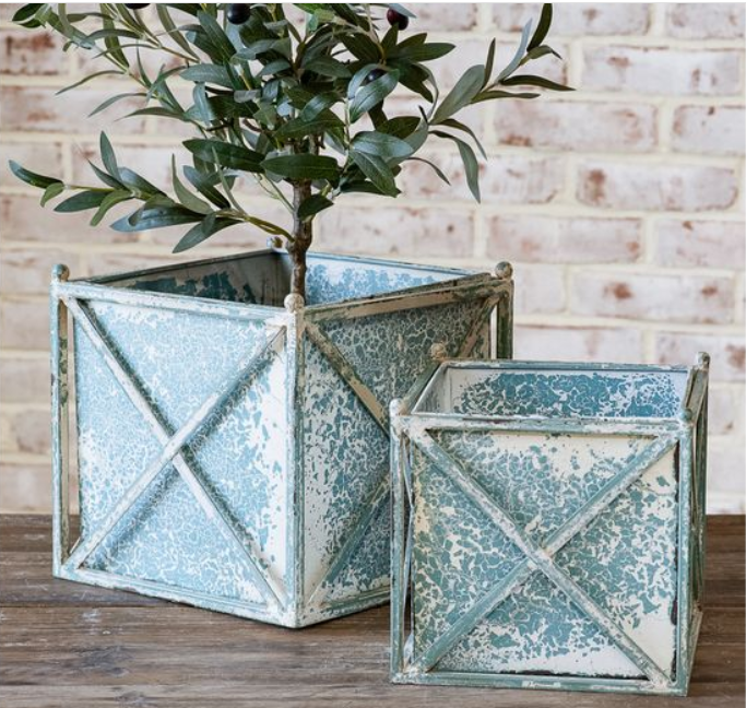 Distressed French Blue Square Planters - Med