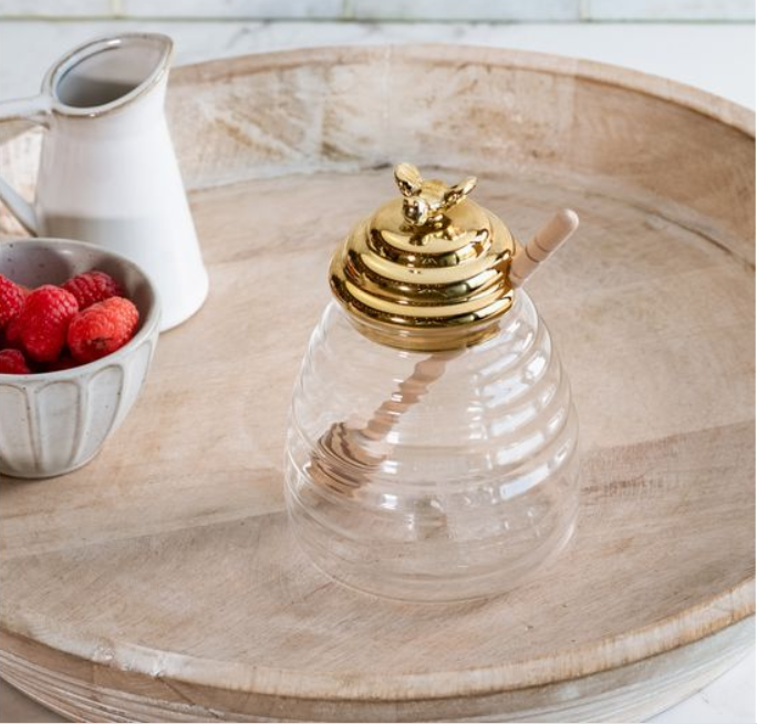 5.5" GOLD ACCENT CLEAR GLASS HONEY POT