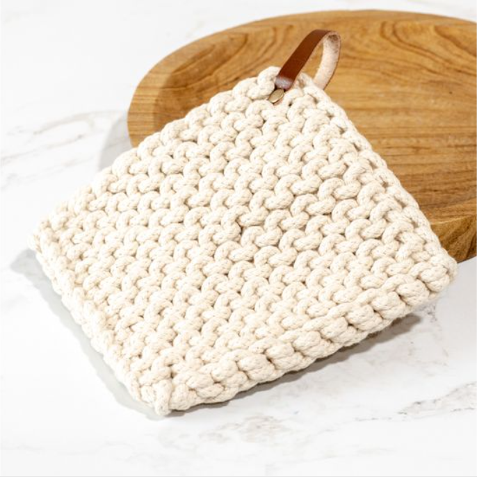 Leather Strap Cr Knit Pot Holder