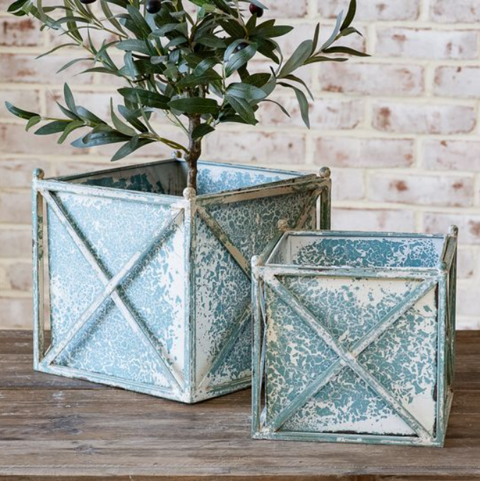 Distressed French Blue Square Planters-LG
