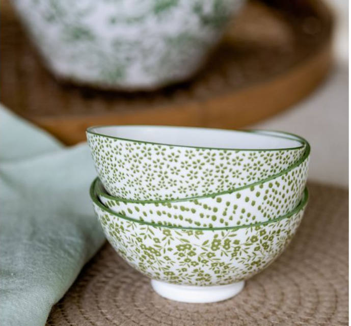 4" 3 ASST GREEN FLORAL/DOT BOWLS