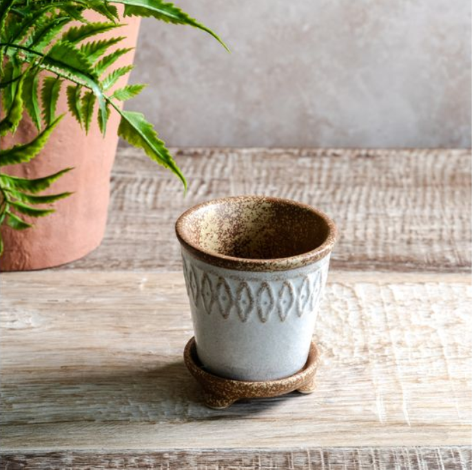 2 TONE FLEUR PATTERN POT W/DISH
