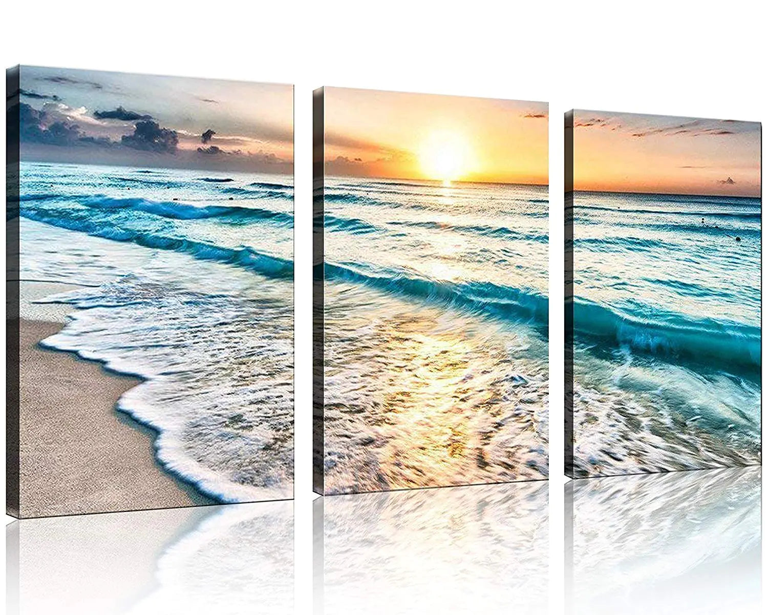 TutuBeer 3 Panel Canvas Wall Art for Home Decor Blue Sea Sunset White Beach Painting The Picture Print On Canvas Seascape The Pictures for Home Decor DecorationReady to Hang
