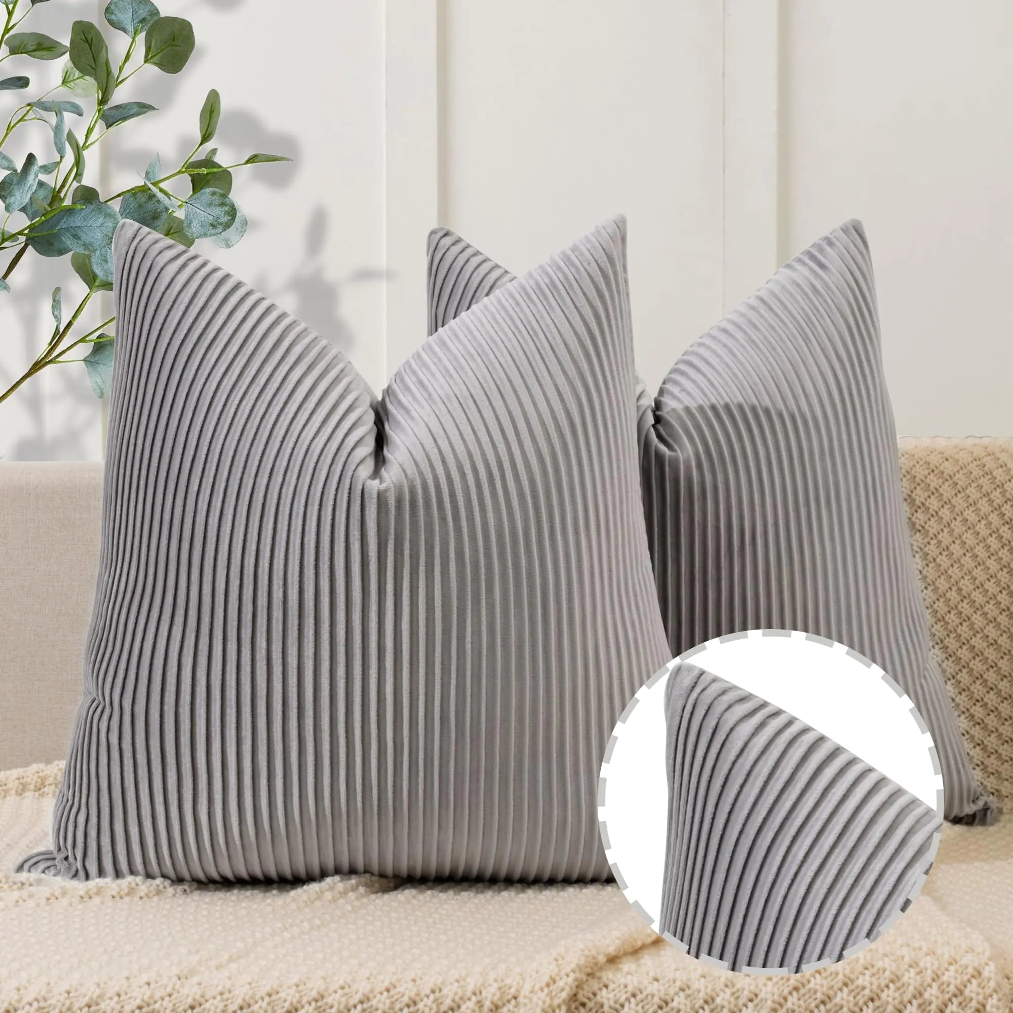 YCOLL Dark Gray Pillow Covers 26x26 Set of 2 Velvet Striped Pattern - Soft Throw Pillows for Home Decor Luxury Decorative Pillow Covers for Couch BedLiving Room