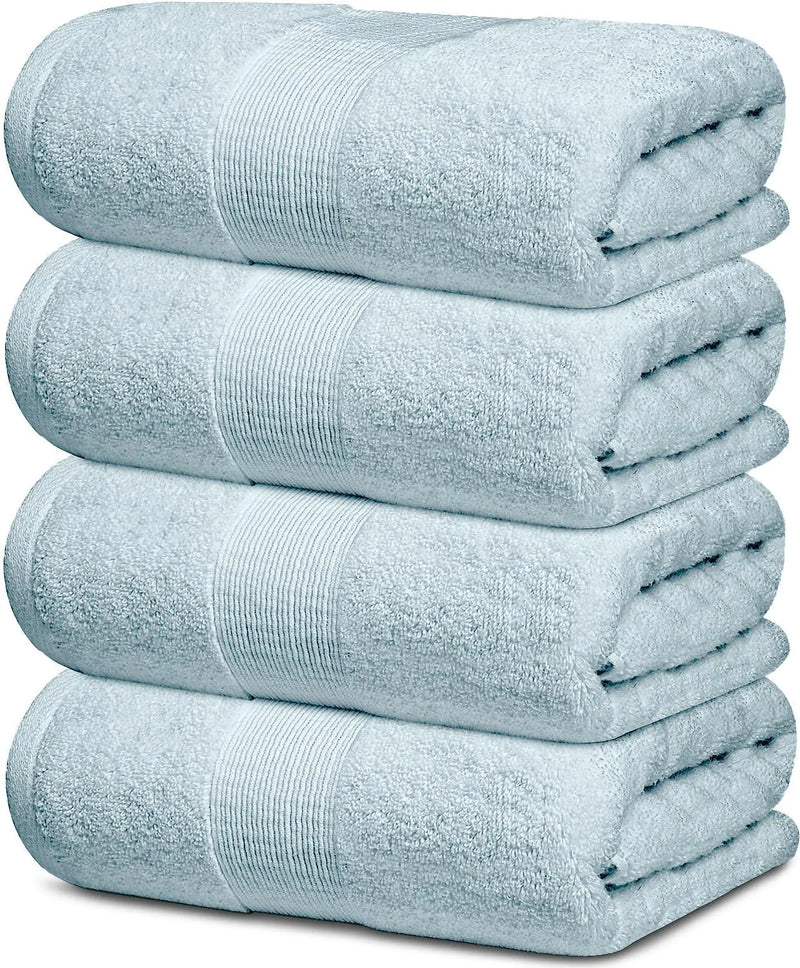 4 Pack Resort Collection Soft Bath Towel 28x55 in Luxury Plush Cotton Light Blue.