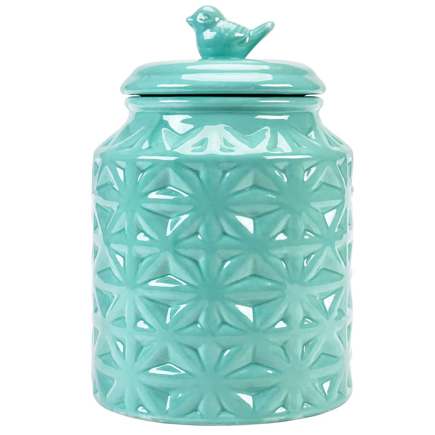 MyGift Vintage Turquoise Ceramic Kitchen Jar with Lid Cookie Jar Storage Containers Airtight with Embossed Star and Bird Design