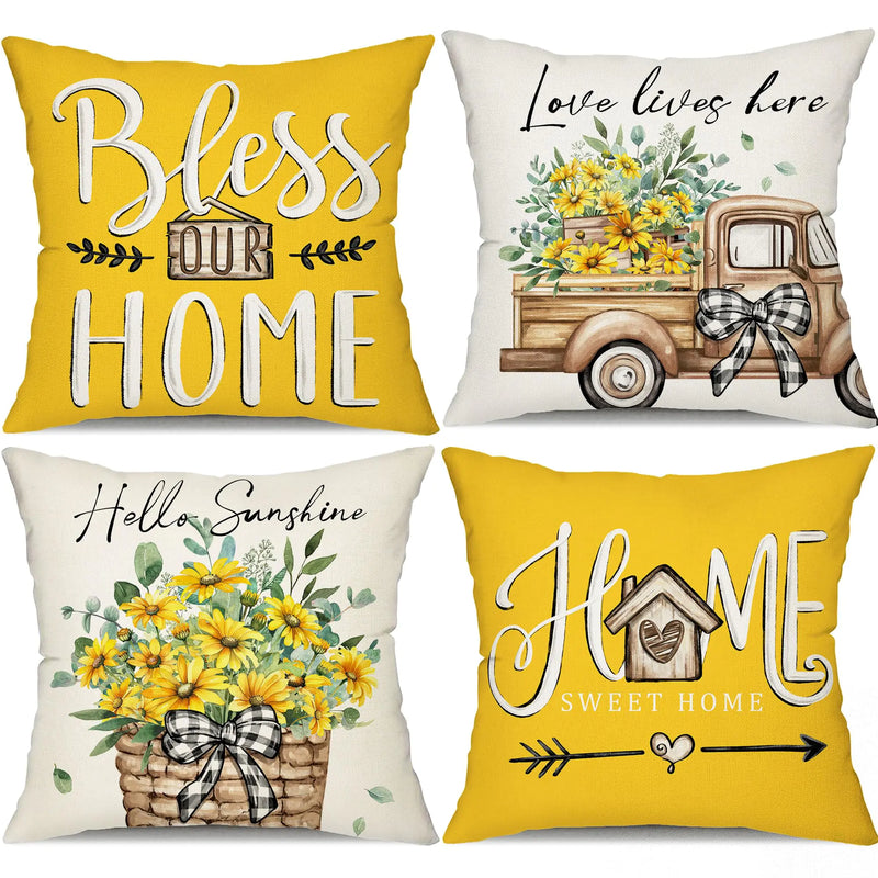 DFXSZ Farmhouse Pillow Covers 18x18 Set of 4 Sunflower Decor Truck Sunflower Basket Sweet Home Spring Pillow Covers Polyester Cushion Case Gifts for Home Decor 175E