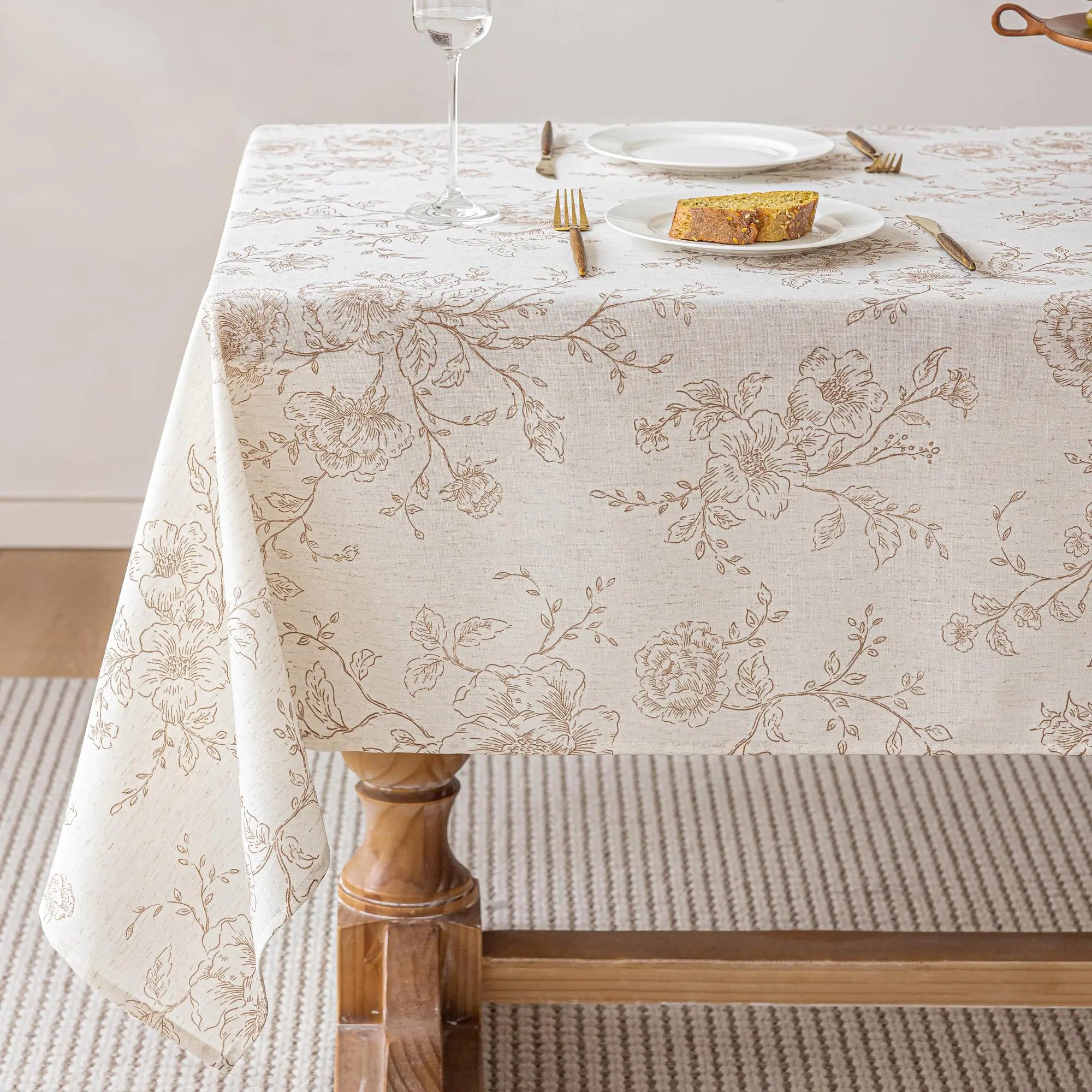 Meikelor Floral Linen Table Cloth 55 x 72 inch Wrinkle Resistant Vintage Farmhouse Tablecloth 6 FT Brown Pattern Printed on Cream Tablecloth Rectangle Cottage Burlap Fabric Table Cover Home Decor