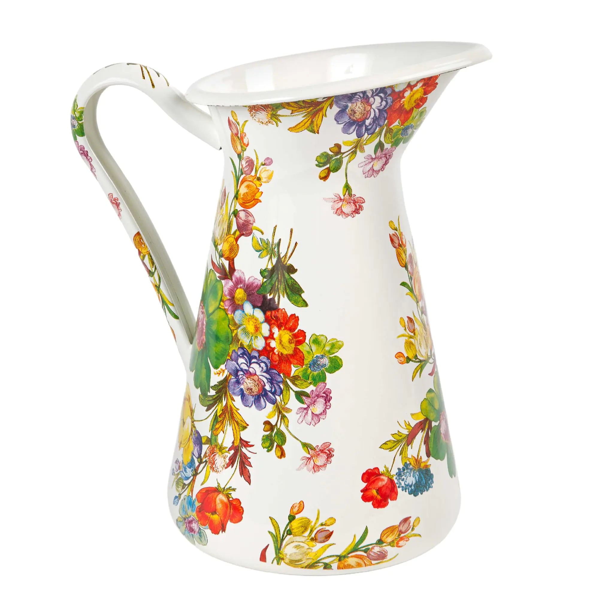 MACKENZIE-CHILDS Practical Enamel Pitcher with Spout Drink Pitcher for Iced Tea or Water Flower Vase Medium White Flower Market
