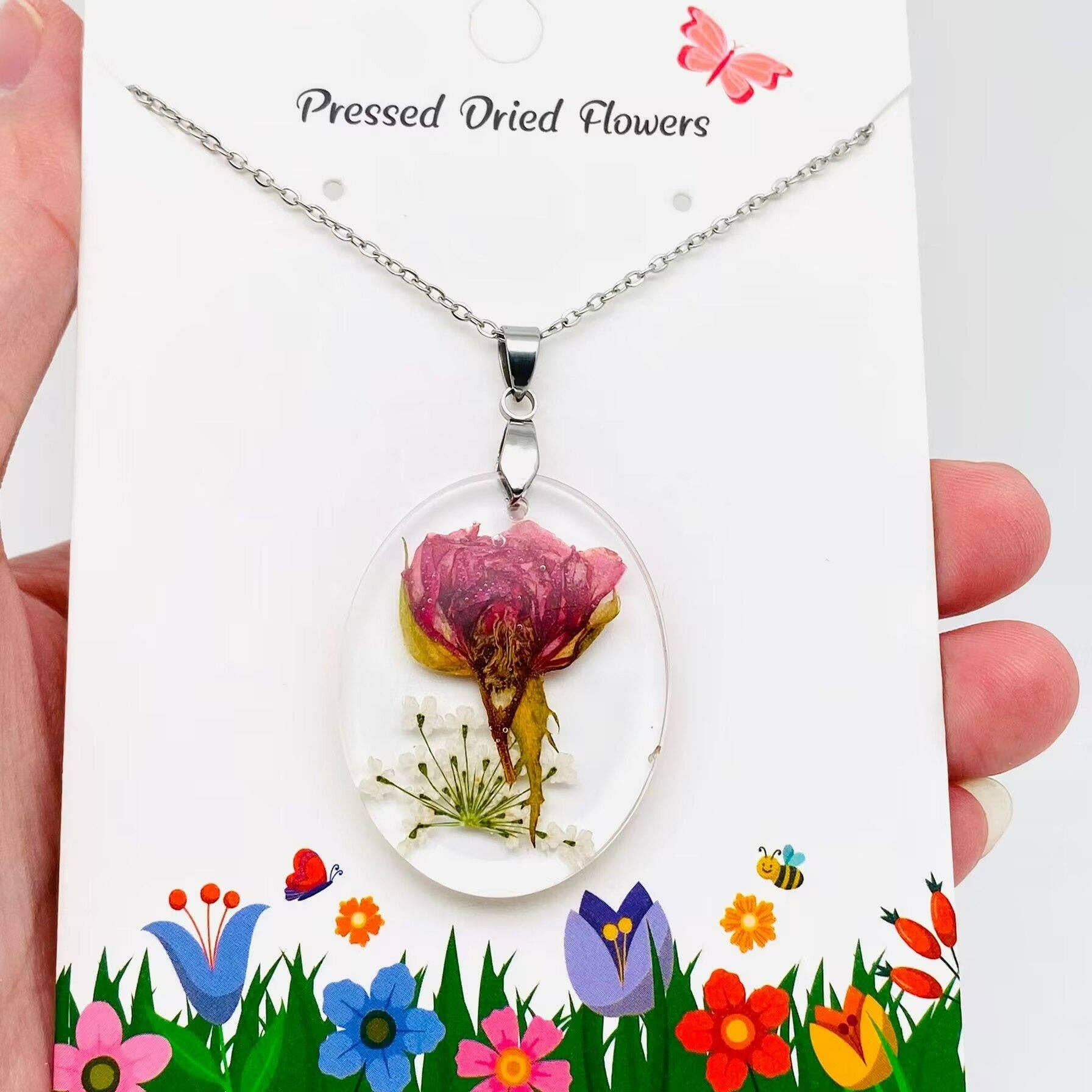 Rose Genuine Dried Flower Oval Pendant Necklace - PDF.