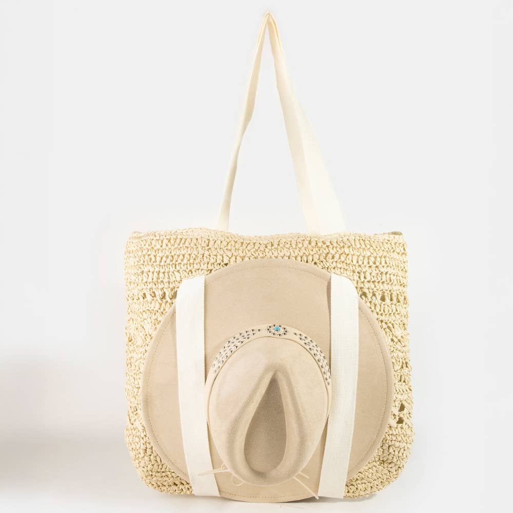 Large Straw Braided Tote Bag With Hat Holder