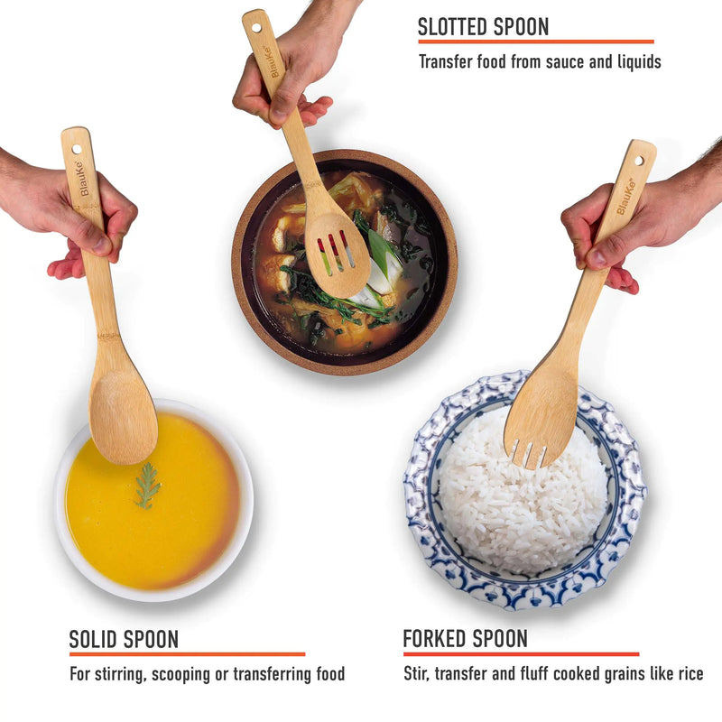 Bamboo Kitchen Utensils Set 8-Pack - Wooden Cooking Utensils for Nonstick Cookware - Wooden Cooking Spoons, Spatulas, Turner, Tongs, Utensil Holder.