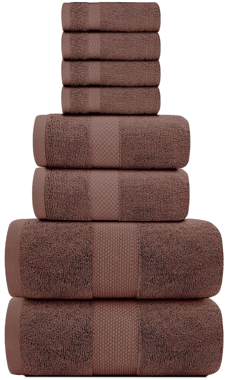 Luxury Brown Bath Towel 8 Piece Set Combed Cotton Hotel Quality Brown Towels Set.