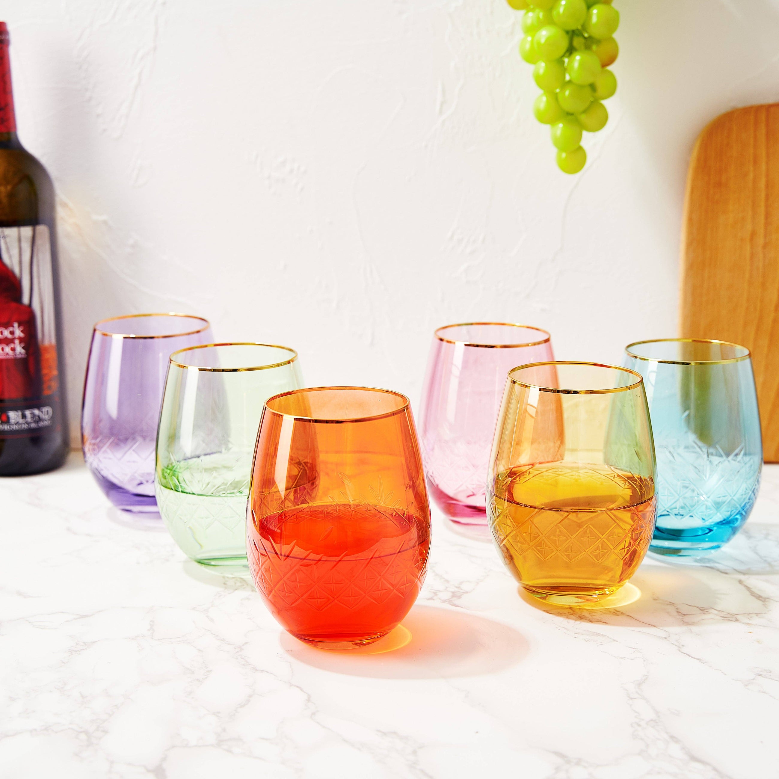 Art Deco Colored Crystal Stemless Wine Glass Set of 6, 15 oz
