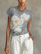 Gray Floral Print Chiffon Short Sleeve T-Shirt