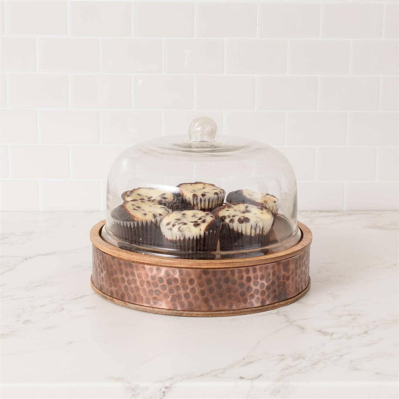 Glass Cloche with Wood Dimpled Base (PC).