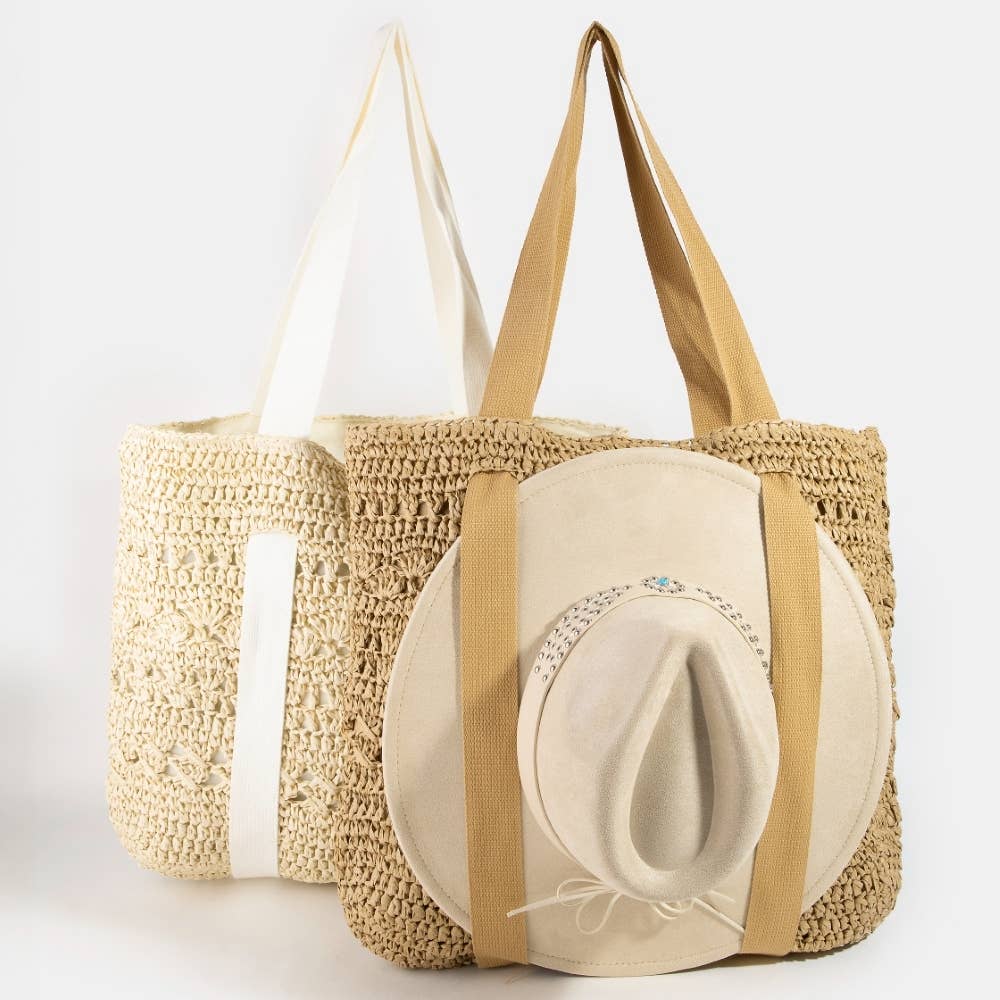 Large Straw Braided Tote Bag With Hat Holder