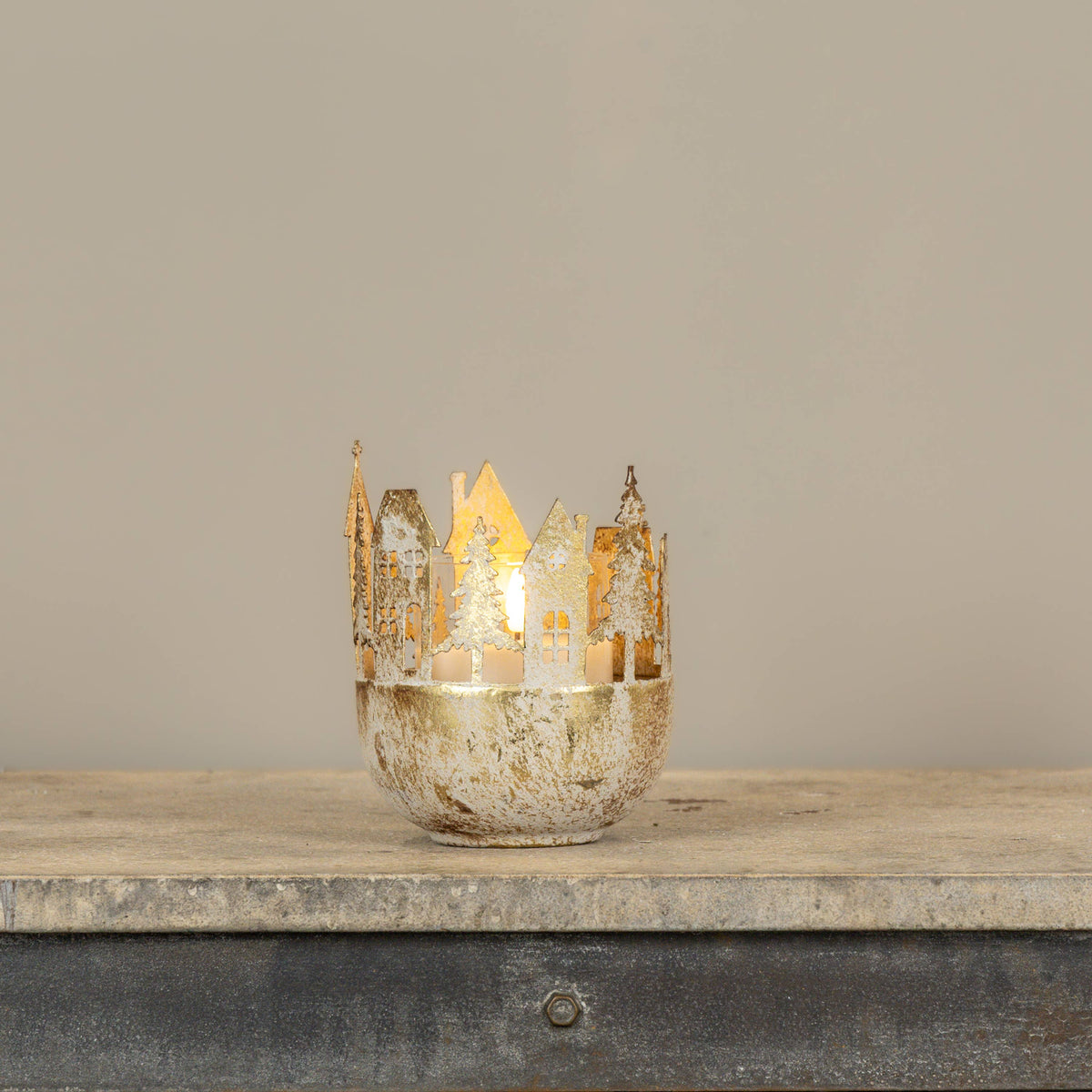 GOLD CHRISTMAS VILLAGE CANDLE HOLDER