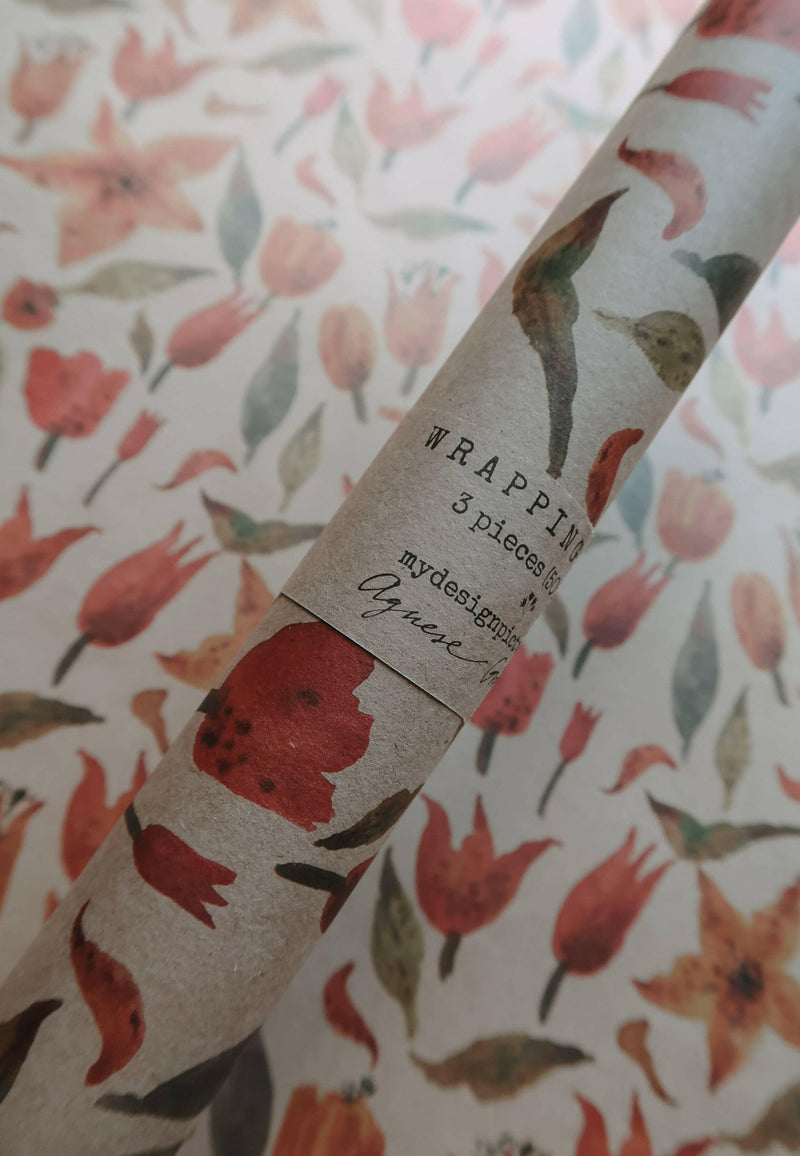 Set Of 3 Pieces TULIPS Kraft Wrapping Paper.