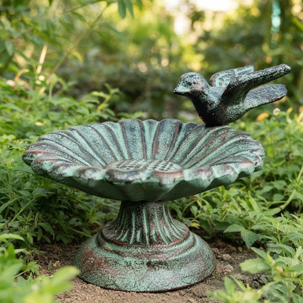 Verdigris Sunflower Bird Bath, Cast Iron Pedestal Feeder